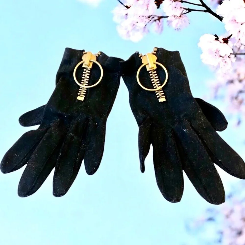 Vintage Womens Pair of Hand Gloves Black Fabric with Zipper size 6